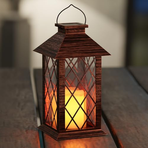 JOHUNT Solarlaternen für den Außenbereich, wasserdichte Gartenlaternen, 33 cm, dekorative Laterne für den Außenbereich, mit flackernden flammenlosen LED-Kerzen, Vintage-Laterne für Veranda, Hof,