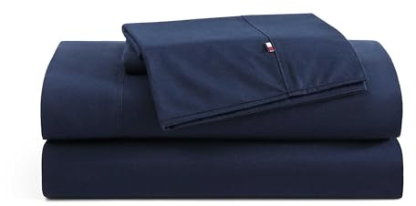 Tommy Hilfiger Bettlaken-Set, Baumwoll-Perkal-Bettwäsche mit passendem Kissenbezug, frisch und kühl, solide Home Essentials (Marineblau, Doppelbett)