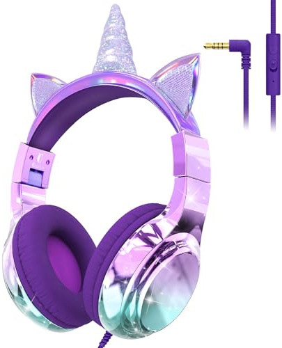 JYPS Kids Headphones, Cute Metallic, 85/94dB Vol Limit Wired Unicorn Purple | Stereo Sound, Sharing Function, Foldable 3.5mm Over-ear Design, Suitable for Kids, for iPad Tablet School