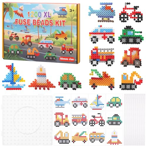 TranRantic Große Bügelperlen Set, 1200 Stück 10mm Bügelperlen Groß mit 12 Fahrzeuge Vorlagen, Bastelset für Jungen und Mädchen, Kreatives Perlenset für Kinder Geburtstag Geschenk