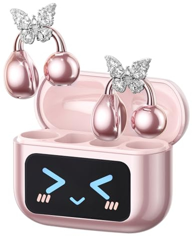 PAXA Stylish Open Ear Clip On Earbuds with Removable Butterfly Earring, Clip On Headphones with LCD Touch Screen, Fashionables Open Ear Headphones for Women, Butterfly Earring Rose Gold Earbuds