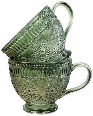 Alfie Francis Set of 2 Green 'Vintage Style' Floral Pattern Pressed Glass Mugs for Hot Drinks Tea Coffee Cappuccino Lattes Hot Chocolate