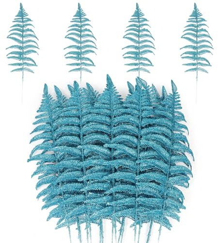 MWOOT 16 Stück Weihnachten Künstliche Farne Pflanzen, Glitzer Künstliche Blätter Blau, Gefälschte Künstliche Zweige DIY Zubehör für Girlande Kranz Weihnachtsbaum Blumenstrauß Haus Garten Dekoration