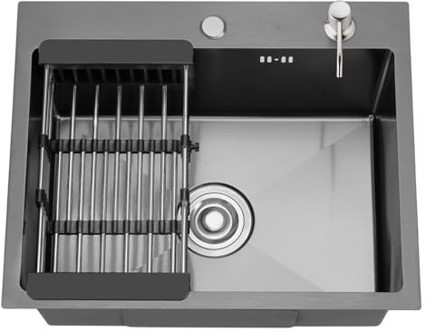 DEWINNER noxidable Fregadero Cocina 1 Seno 55 x 45cm, Sobre Encimera,con Cesta de Filtro Extensible,Dispensador de jabón，Filtro de Drenaje