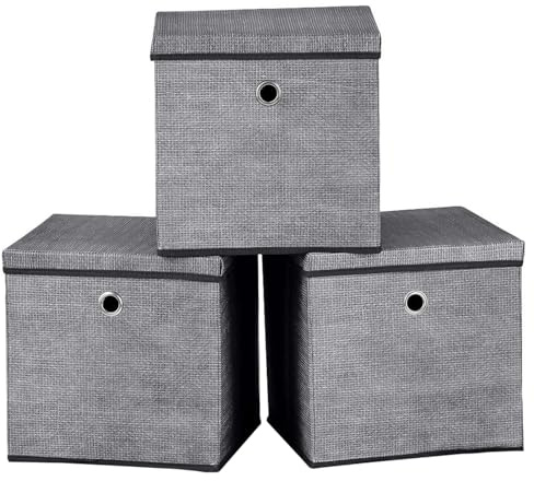 A406 Foldable Storage Cube Boxes Set of 3 Fabric Storage Boxes with Lids, Space Saving Fabric Cube Storage Boxes for Clothes, Toys, Storage Organiser (Black, 30x30x30cm)
