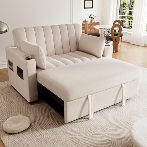 DRIXNO Modernes Multifunktionssofa, Schlafsofa, Schlafcouch mit Schlaffunktion, Doppelsofa mit Verstellbarer Rückenlehne, mit Getränkehalter und Kissen,Beige.