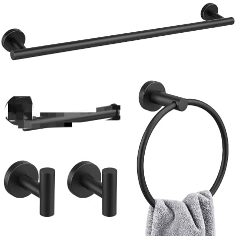 Lightista Toilet Roll Holder and Towel Rail Set, Set of 5 Black Bathroom Accessories Set, Wall Mounted Bathroom Hardware Set Includes Toilet Paper Holder, Towel Ring, Towel Bar and Wall Hook