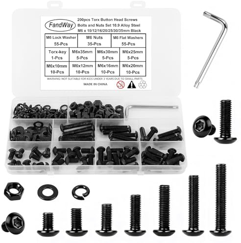 200 Piezas Tornillo y Tuercas y Arandelas M6 Tornillos Torx Cabeza Redonda, Tornillos de Máquina Cabeza Alomada, Métricos Rosca Completa Acero al carbono 10.9 Negro con 1 T30 llave.