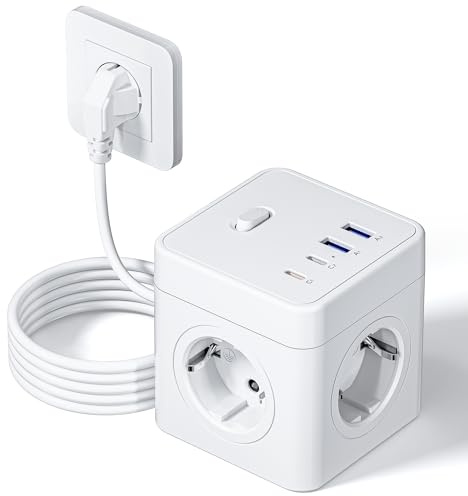 RIXGLEAM Steckdosenwürfel mit USB,8 in 1 Steckdosenleiste mit 2 USB-C (20 W), Schnellladung Mehrfachsteckdose mit Verlängerungskabel 1,5 m, Steckdosenwürfel Ohne Kabel für Zuhause/Büro/Reisen,Weiß