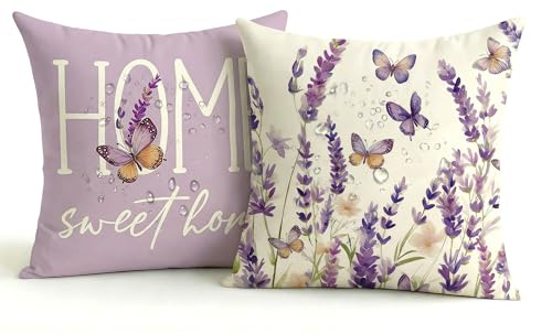 JANGYUHH Wasserdichter Outdoor Kissenbezug 45x45 Lila, Lavendel Design Gartenkissen, Modern Sommer 2er Set Kissenbezüge Balkon, Dekokissen Doppelseitig & Pflegeleicht, Leinen-Polyester