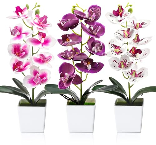 3 Orchideen künstlich 30cmKunstblumen & -Pflanzen Phalaenopsis Kunstpflanze | 3 Stücke 30cm Blumen im Topf, Kunstblumen wie echt, Weiß Rosa Blumen Dekoblume Kunstpflanze für Wohnzimmer Büro Dekoration