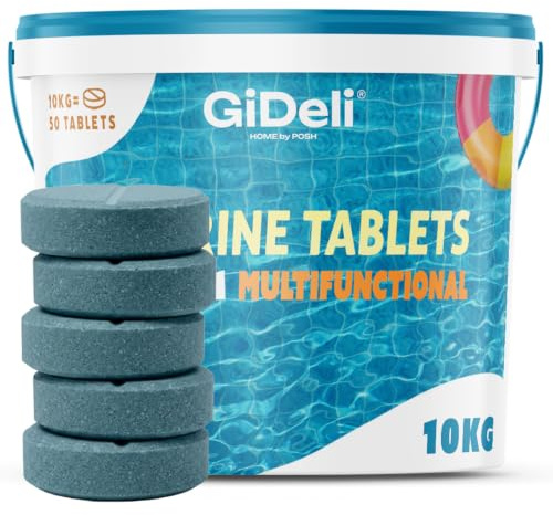 GiDeli Galets de Chlore Piscine Multifonction 10kg - Tablettes 200 g Longue Durée 4-en-1 - Anti-Algues, Stabilisé UV, Floculation - Hors-Sol, Tubulaire et Enterrée