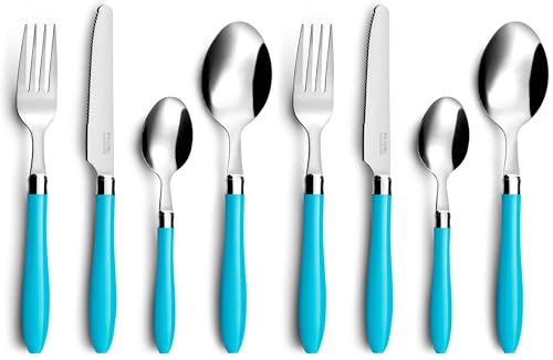 PRADEL ESSENTIEL - Ménagère 16 couverts de table pour 4 personnes - Réglisse - Acier inoxydable 18/0, Finition Standard - Bleu Turquoise (Lot de 2)