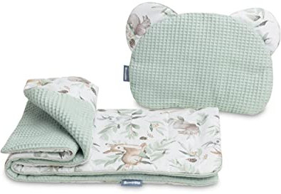 Babydecke + Babykissen Set 2 tlg. Kinderwagen Stubenwagen Moseskörben Reh Waffel Bettwäsche Geschenke zur Geburt