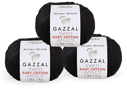 3 Pack (Ball) Gazzal Baby Cotton XL Total 5.28 Oz / 344 Yrds, Each Ball 1.76 Oz (50g) / 246 Yrds (225m) Super Soft, DK- Worsted Baby Yarn, 50% Turkish Cotton, Black - 3433