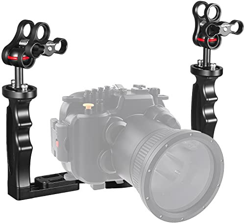Unterwasser-Kamera Handle Tray Bracket, Dual Handle ausziehbare Aluminiumlegierung Video-Stabilisator-Halter mit 2 1-Zoll-Kugelklemme Mount für Unterwasser-Kamera tauchen Gehäuse
