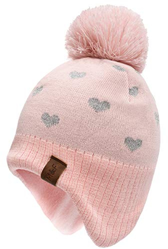 Foruhoo Mädchen Strickmütze Beanie Hut, Wintermütze für Baby Kinder mit Fleecefutter(Rosa,L 55cm)