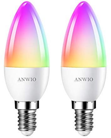 ANWIO Alexa Smart 5W E14 Candle LED Bulb,Dimmed C37 Tuya WiFi Bulb Smart Life,470Lm,Replace 40 Watt,Alexa Echo Light Bulb,Colour Changing RGB Bulb E14,Google Assistant Bulbs (2 Pack)