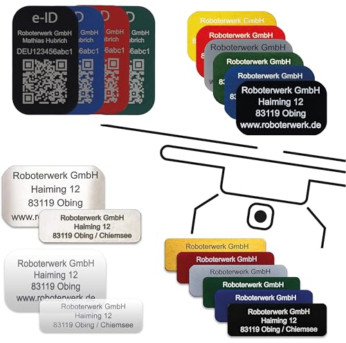 Roboterwerk Drohnen Kennzeichnungsschilder mit Lasergravur | Aluminium | 31x19mm | QR-Code | e-ID und Registrierungsnummer | Aufkleber