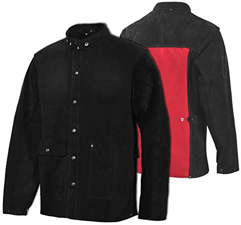 QeeLink Chaqueta de Seguridad para Soldadura de Cuero, Resistente al Calor y al Fuego Chaqueta de Trabajo, Soldador Ropa Premium Ignífugas, Negro y Rojo, 4XL