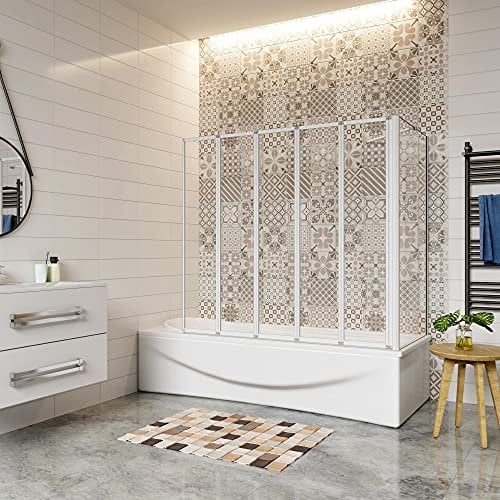 120x140cm Parete Doccia Sopravasca Angolare 5 Ante Pieghevoli Vetro 4 mm con Parete Laterale 70cm Vetro Temperato 6 mm Trasparente Telaio Argento Opaco