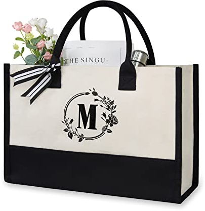 TOPDesign Personalisierte Strandtasche aus Jute/Segeltuch, Monogrammierte Geschenktasche für Damen, Schwarz und Weiß, 17 x 11.8 x 7.8