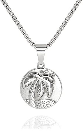 Baronyka Palm Tree Pendant Necklace for Men, Stainless Steel Mens Necklaces, Adjustable 24-26 Inch Chain, Non Tarnish Beach Surfer Jewelry Gift, Stainless Steel, No Gemstone