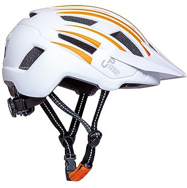 Urban Prime Energy Helmet, Casco Protettivo con Visiera e luci per Bici, ebike e Monopattino Elettrico Unisex Adulto, Bianco e Arancione, L