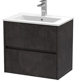 Hudson Reed HAV2604B Havana Modern Bathroom Wall Hung 2 Drawer Vanity Basin Unit & Minimalist Ceramic Basin, 600mm, Matt Metallic Slate