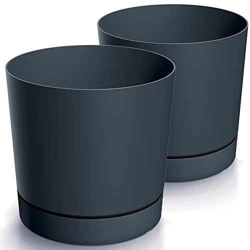 Tymar Vaso da fiori con sottovaso, confezione da 2, in plastica, moderno, rotondo, per interni (diametro 30 cm, confezione da 2) grafite