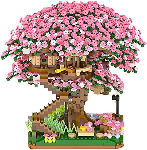 BLOCKTOY Kirschblüten-Bonsai-Baum-Baustein-Set, Sakura-Baumhaus-Modellsets für Erwachsene, 2200 Stück Mini-Mikroblöcke, kreatives Geschenk für Teenager, Mädchen, Jungen ab 14 Jahren,Rosa