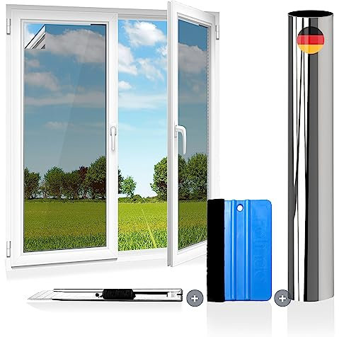 Folindo Fensterfolie Sonnenschutz - 200x76cm - 50% Silber Verspiegelung/Spiegelfolie Fenster Sichtschutz - Hitzeschutzfolie Fenster - Sonnenschutzfolie Fenster außen - inkl. Rakel & Folienmesser