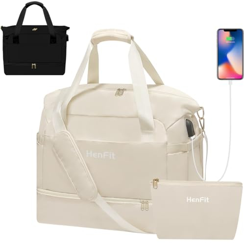HenFit Weekender Damen, Sport Travel Duffel Bag Weekender Overnight Bag mit Nassfach und Schuhfach für Frauen auf Reisen, Fitnessstudio, Yoga, Beige