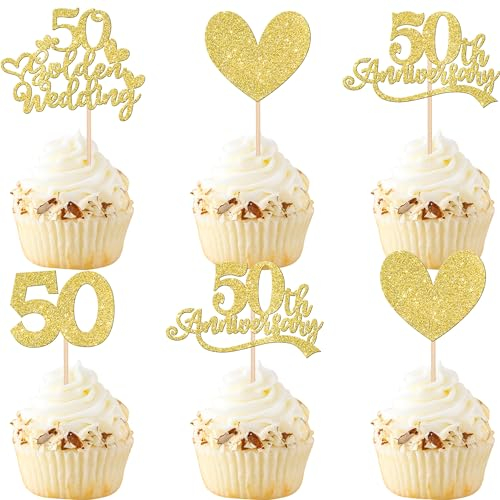 Xsstarmi 24 PACK 50th Anniversary Cupcake Toppers Gold Glitter Heart Golden Wedding Anniversary Cupcake Picks for Cheers to 50 Years Blessed & Loved Wedding Anniversary Party Cake Decorations Supplies
