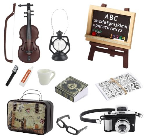 Abiemuce Miniatur Wichtel Zubehör, 12 Stück Wichtel Zubehör Set, Miniatur Deko Puppenhaus Zubehör, Mini Puppenhaus Vintage KofferZahnpasta Kamera für Puppenhauss, Ideal Weihnachten Geschenk