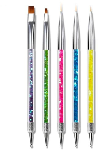 XIKSJW 5 Pcs Nageldesign Pinsel Nail Art Pinsel Set Nail Art Liner Pinsel Nail Art Dotting Punktierung Zeichnung Pinsel Stift Acryl Uv Gel 3D Funkeln Liner Nagellack Stift Set Für Diy Nail Art Design