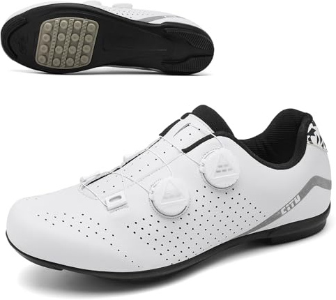 PENXZT Lock-Free Cycling Shoes Road and MTB Shoes Breathable Indoor Outdoor No-Lock Sneakers with Rotating Shoelace System,White,9 UK