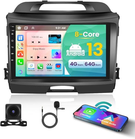 Inefala 8 Core 4G+64G Android 13 Radio Kit Upgrade for Kia Sportage 2010-2016 with Wireless Carplay&Android Auto, 9 Inch Touch Screen Stereo with GPS WiFi 32EQ DSP 59UI Mic Backup Camera