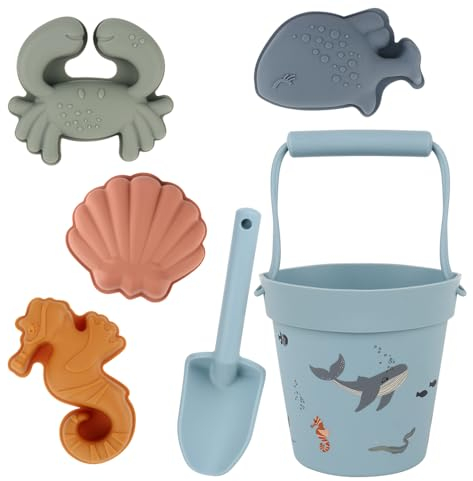 CLIUNT Sandspielzeug Set aus Silikon, 6PCS Sandspielzeug Silikon, Weich Silikon Strandspielzeug Set, mit Eimer, Schaufel, Sandformen, für Kinder Jungen Mädchen(Meereskreaturen)