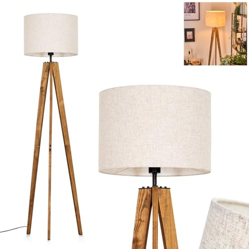 Stehleuchte Bassagoda, Stehlampe aus Holz/Metall/Stoff in Natur/Schwarz/Beige, Leuchte im skandinavischen Design mit Schirm aus Stoff (Ø 40 cm) u. Fußschalter, Höhe 161 cm, 1 x E27, ohne Leuchtmittel