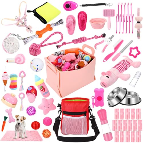 PullCrease Welpenzubehör, Starter-Set für kleine Hunde, enthält Hundeleine, Spielzeug, Schüssel, Bürsten, Wasserflaschen, Hundedecken, Welpenzubehör für neue Hunde, Willkommensgeschenk (Rosa,