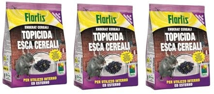 Flortis Topicida Esca Cereali. Kit 3 unità di topicida. Veleno per Topi da 150g. Esca per Topi in bustina Pronto Uso di Veleno Topi. Veleno ratticida per Uso Domestico. Esca Topi Uso Esterno/Interno.