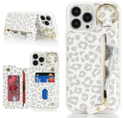 Havaya für iPhone 15 Pro Max Hülle mit Kartenhalter Handyhülle für iPhone 15 Pro Max mit Schlüsselanhänger Hülle geldbörse Reißverschluss für Herren und Damen - Weißer Leopardendruck