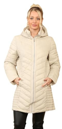 True Face Women's Long Quilted Puffer Jacket, Warm Hooded Winter Coat, Lightweight Casual Ladies' Lined Outerwear Beige XL