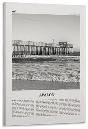 LZTEN Avalon Print Black And White New Jersey, Avalon Wall Art, Avalon Poster, Avalon Photo, Avalon Wall Décor, Avalon Map, USA, United States Canvas Wall A
