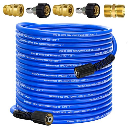 Pressure Power Washer Hose 100 FT x 1/4, Super Flexible Kink Resistant Car Washer Replacement with M22 Fittings & 3/8 Quick Connect Adapters for Ryobi Troy Bilt Flexzilla Greenworks & More, 4200PSI