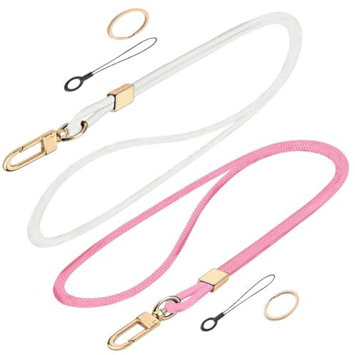 2 Pièces Cordon Tour de Cou, Lanyard Strap Neck, Nylon Lanières Porte Badge avec Anneau en Métal, Porte Clés Lanière pour d'Identification, Clés, Téléphone Portable(Rose Blanc)