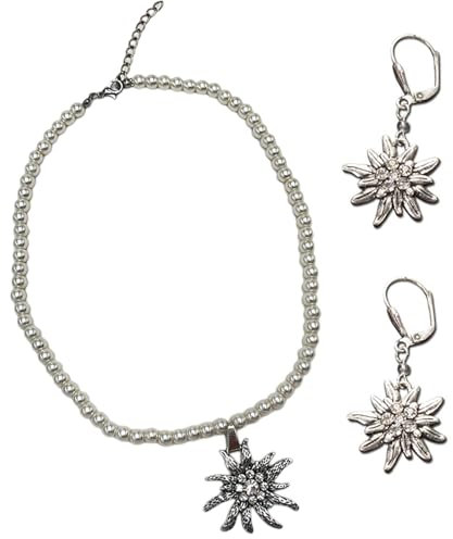 QttvbTna Damen Oktoberfest Trachtenscmuck, Trachtenkette mit Strass Anhänge Künstliche Perlen Kristall Edelweiss Ohrhänger, Armband und Edelweiß Ohrstecker (Anzug)