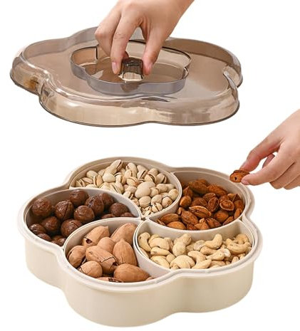 Plateau à collations avec couvercle, assiette de fruits secs,Organisateur divisé en forme de pétale de fruits secs - Plateau de service alimentaire avec 5 grilles à manger pour noix, bonbons, fruits,