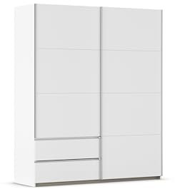 Rauch Möbel Stoke, Schwebetürenschrank, Kleiderschrank, Garderobe, 2-türig, 2 Schubladen, mit Zubehörpaket Premium, 4 Einlegeböden und Türdämpfer, Farbe Weiß, Griffleisten Alufarben, 175x210x59cm